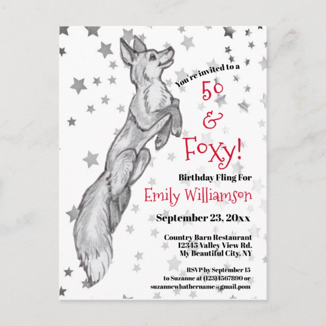 Fun 50th Black White Red Fox Star Foxy Birthday Invitation Postcard (Front)