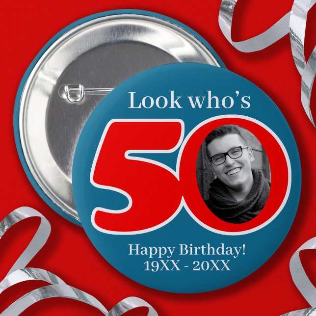 Fun 50th red & blue add your own photo and name 6 cm round badge (Creator Uploaded)
