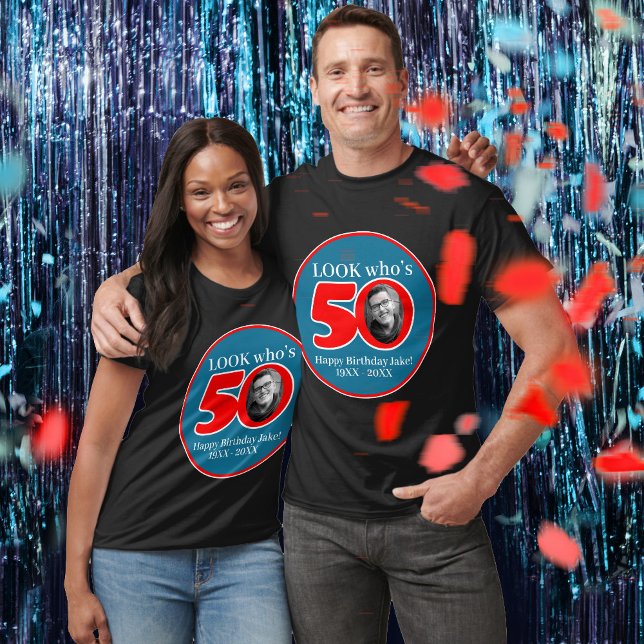 Fun 50th red & blue add your own photo and name T-Shirt (Creator Uploaded)