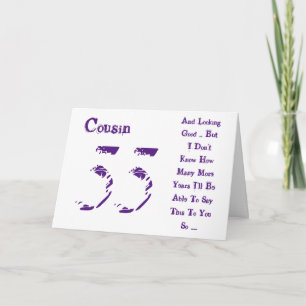 Fun, 55th birthday, cousin, purple and white text. card