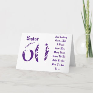 Fun, 60th birthday, sister, purple and white text. card