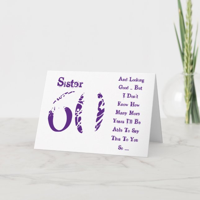 Fun, 60th birthday, sister, purple and white text. card (Front)