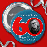 Fun 60th red & blue add your own photo and name 6 cm round badge<br><div class="desc">A fun 60th birthday photo pin button badge in red, and blue hues. Designed for you to add in the photo of your 60th birthday recipient from the past or a current fun photo plus your own choice of wording or name. A fun gift for a sixtieth birthday. Created by...</div>