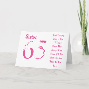 Fun, 65th birthday, sister, pink and white text. card