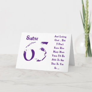 Fun, 65th birthday, sister, purple and white text. card