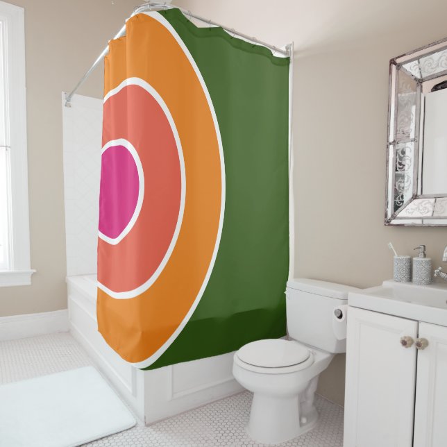 Fun 70s Forest Green Pink Orange Concentric Art Shower Curtain (In Situ)