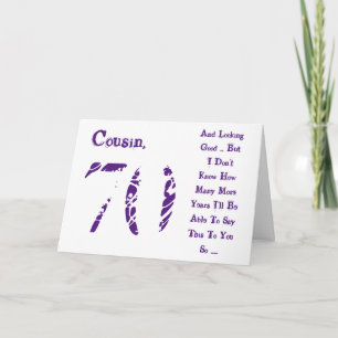 Fun, 70th birthday, cousin, purple and white text. card