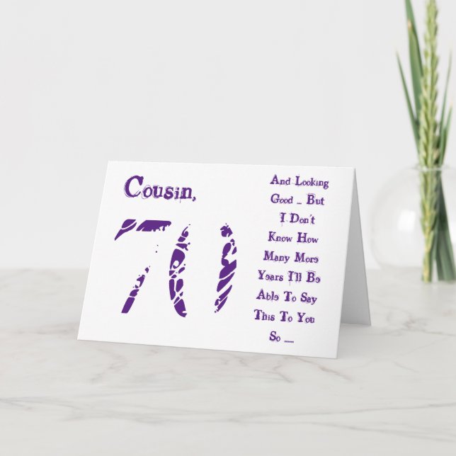 Fun, 70th birthday, cousin, purple and white text. card (Front)