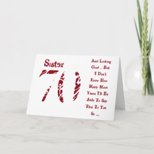 Fun, 70th birthday for sister, red and white text. card