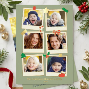 Fun 7 Photo Family Christmas Greeting Sage & Gold Foil Holiday Card