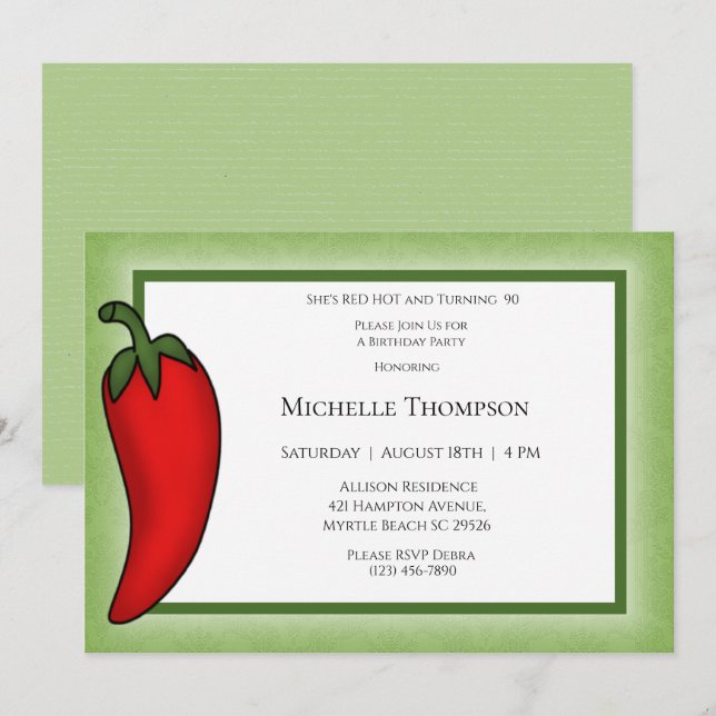 Fun 90th or Any Age Red Hot Pepper  Birthday  Invitation (Front/Back)