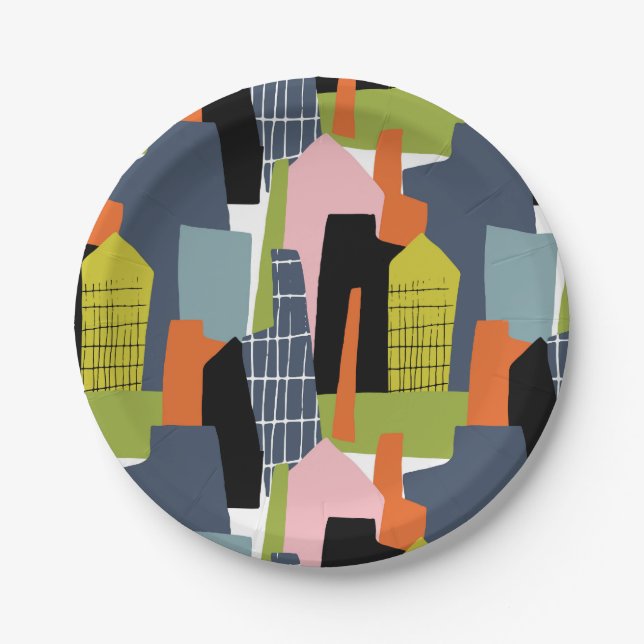 Fun abstract buildings city grid colourful paper plate (Front)