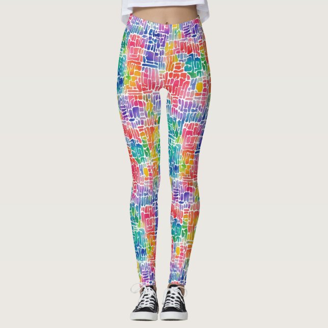 Fun Abstract Colourful Mosaic Watercolor Pattern Leggings (Front)