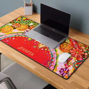Fun Abstract Floral Red Personalised Quote Desk Mat