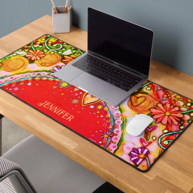 Fun Abstract Floral Red Personalised Quote Desk Mat (Fun, floral, abstract, desk mat by Inspirivity. )