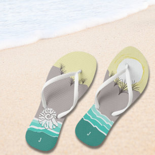 Fun Abstract Sunset Beach Shell & Initials Flip Flops