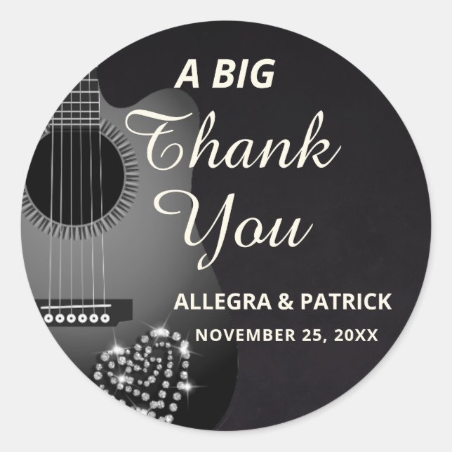 Fun Acoustic Guitar Diamonds Wedding Thank You Classic Round Sticker (Front)