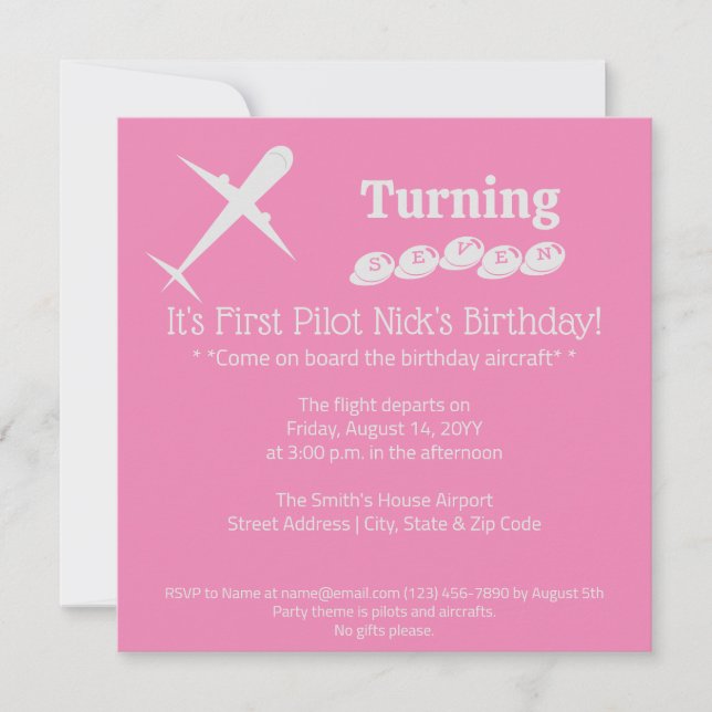 Fun Aeroplane Pilot Kids Birthday Party Pink Invitation (Front)