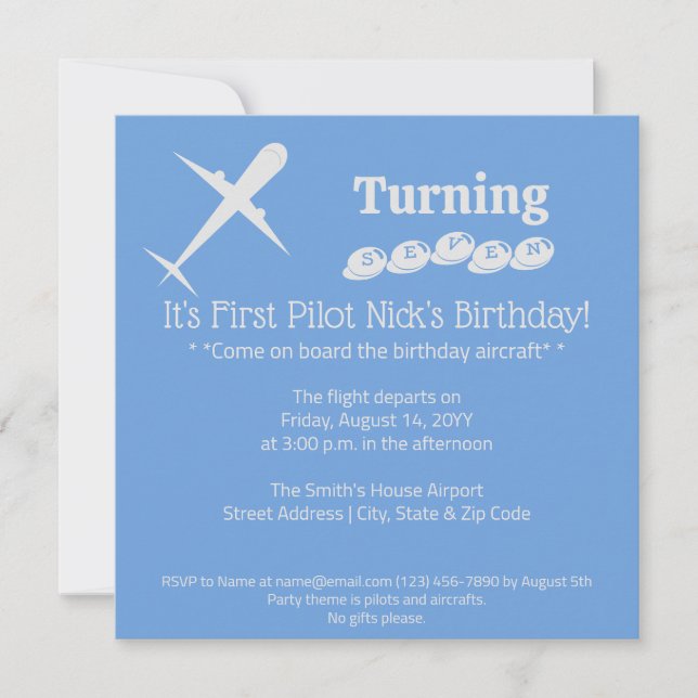 Fun Aeroplane Pilot Kids Blue Birthday Party Invitation (Front)