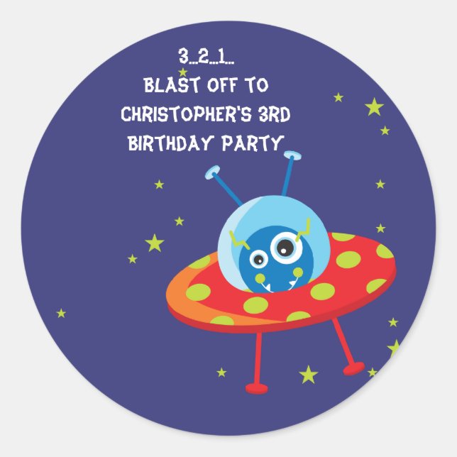 Fun alien ufo spaceship boy birthday party sticker (Front)
