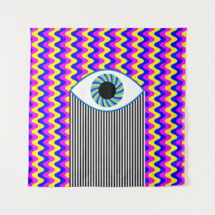 Fun all seeing eye digital art with multicolored w tapestry
