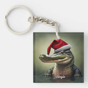 Fun Alligator in Santa Hat  Ornament Key Ring