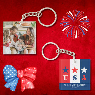 Fun American Flag,Patriotic USA,Family Name Photo  Key Ring