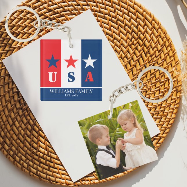 Fun American Flag,Patriotic USA,Family Name Photo  Key Ring (Creator Uploaded)