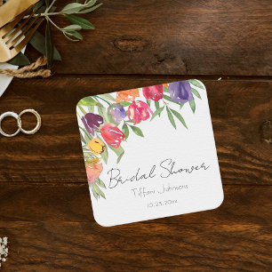Fun and Bright Tulips and Greenery Bridal Shower Square Paper Coaster