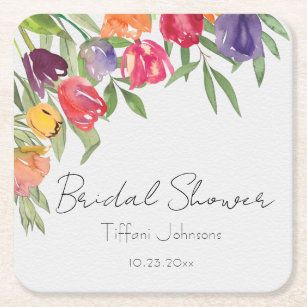 Fun and Bright Tulips and Greenery Bridal Shower Square Paper Coaster