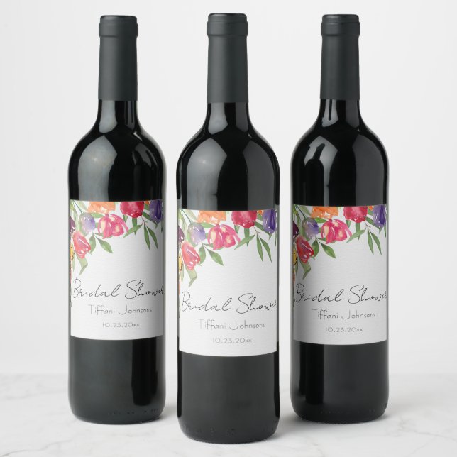 Fun and Bright Tulips and Greenery Bridal Shower Wine Label (Bottles)