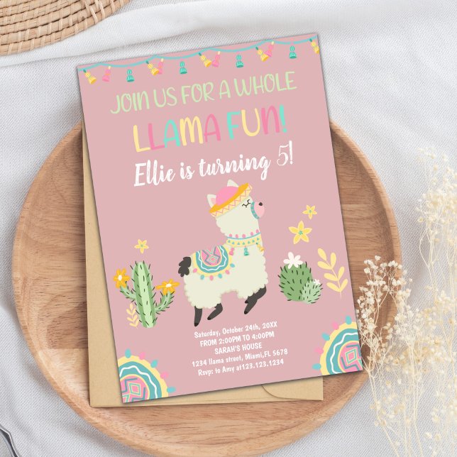 Fun and Colourful Fiesta Party Card for Kids or Te (Llama invitations)