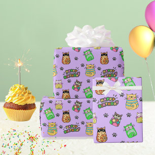 Fun and Colourful Happy Birthday Cats Wrapping Paper