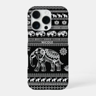 Fun and Cute Black White Elephant Thai Pattern iPhone 16 Pro Case