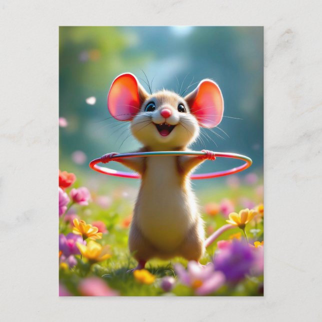 Fun and cute mouse with hula hoop, custom  postcard (Front)