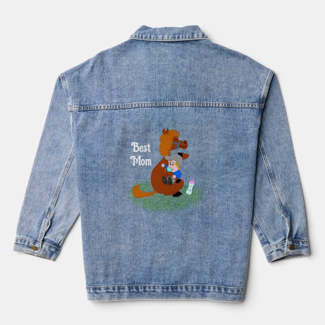 Fun and cute pony with baby - best mum  denim jacket (Back)
