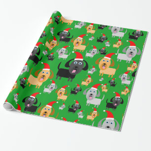 Fun and Cute Puppy Dogs in Santa Hats Wrapping Paper