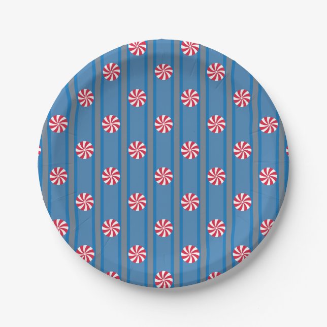 Fun and Fancy Blue Christmas Peppermint Candy Paper Plate (Front)