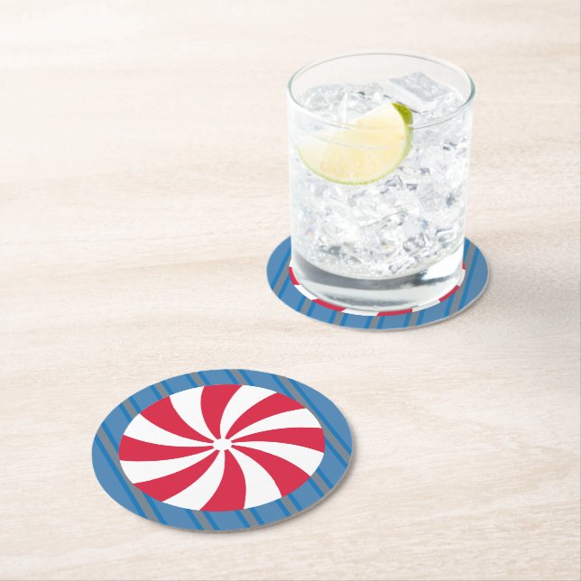 Fun and Fancy Blue Christmas Peppermint Candy Round Paper Coaster (Insitu)