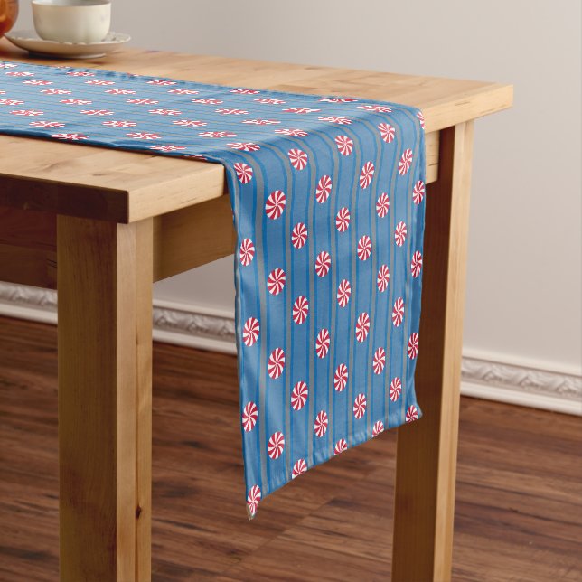 Fun and Fancy Blue Christmas Peppermint Candy Short Table Runner (In Situ)