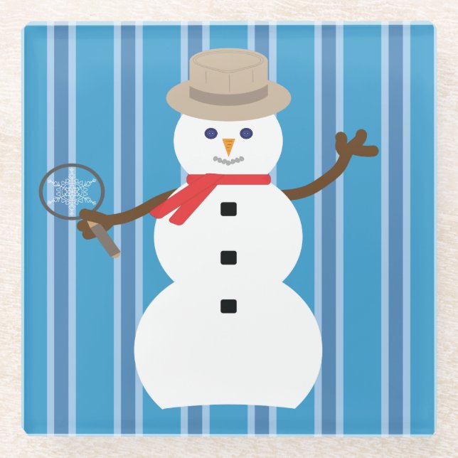 Fun and Fancy Blue Snowman Detective Glass Coaster (Front)