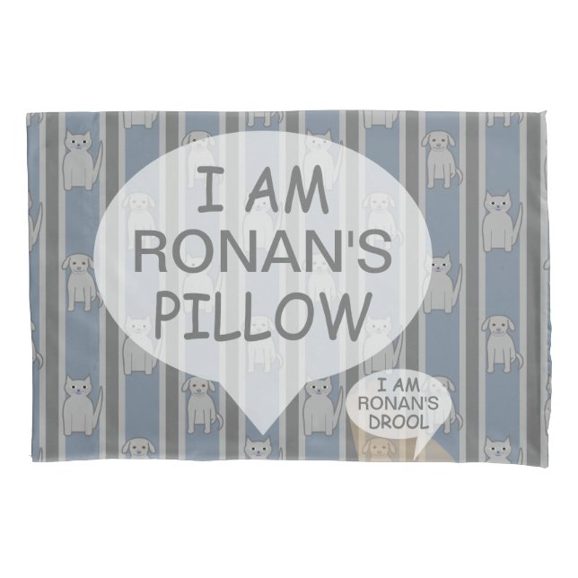 Fun and Fancy Customisable Kitty & Puppy Striped Pillowcase (Front)