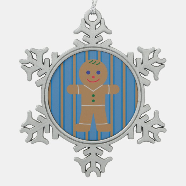 Fun and Fancy Gingerbread Man Snowflake Pewter Christmas Ornament (Front)