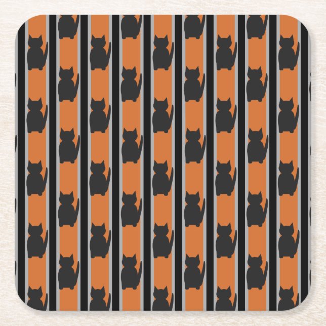 Fun and Fancy Halloween Black Silhouette Cats Square Paper Coaster (Front)