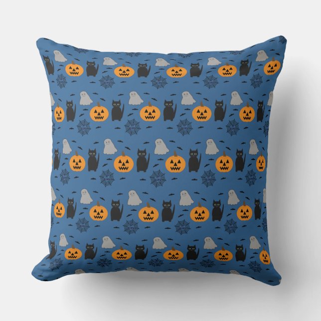 Fun and Fancy Halloween Cat Ghost Pumpkin Web Cushion (Front)