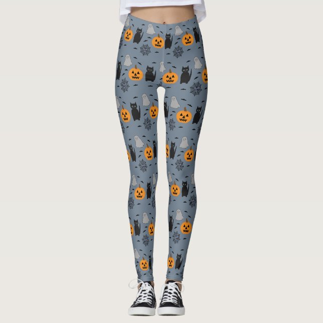 Fun and Fancy Halloween Cat Ghost Pumpkin Web Leggings (Front)