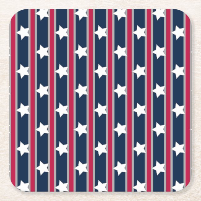 Fun and Fancy Patriotic Stars and Stripes Square Paper Coaster (Front)