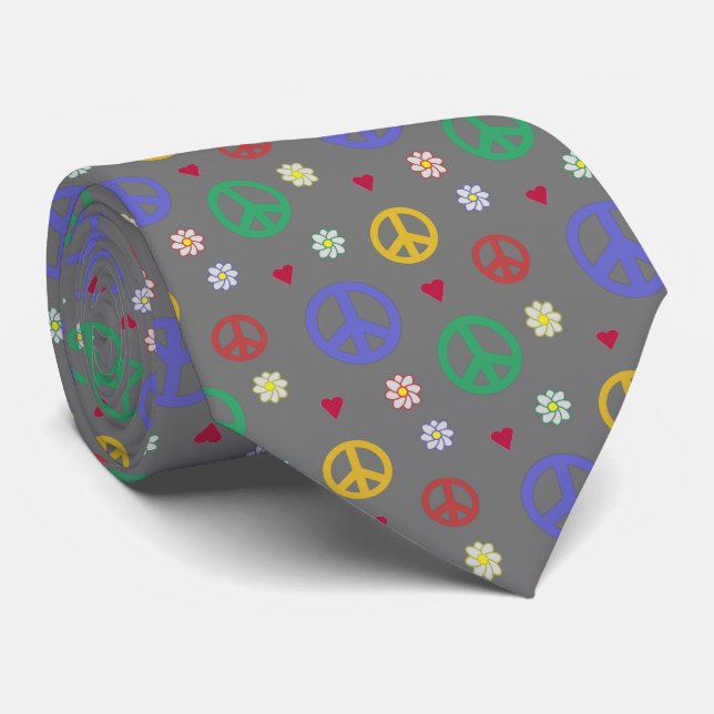 Fun and Fancy Peace Sign, Flowers & Hearts Tie (Rolled)