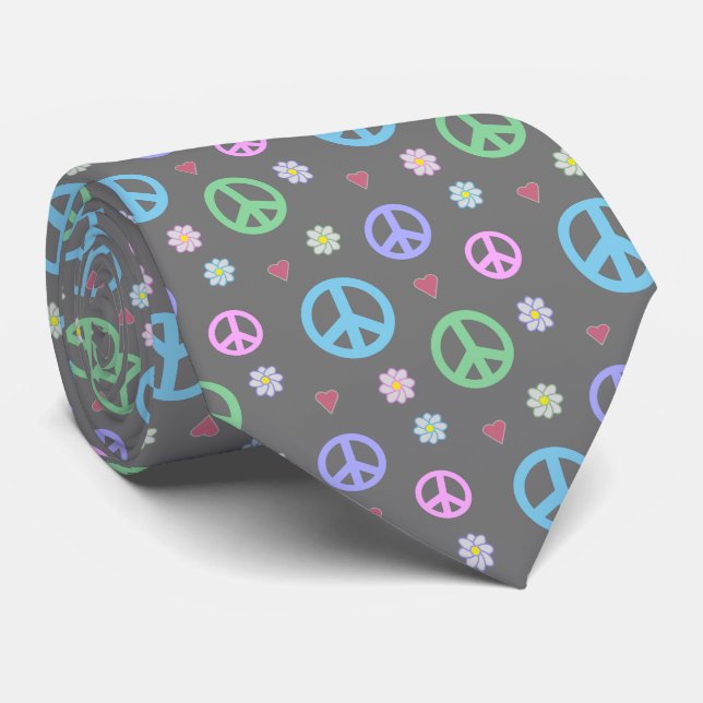 Fun and Fancy Peace Sign, Flowers & Hearts Tie (Rolled)