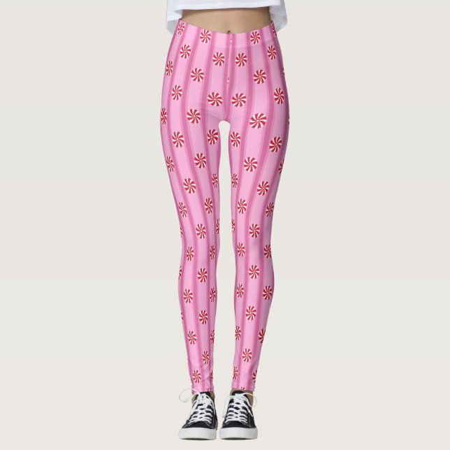 Fun and Fancy Pink Christmas Peppermint Candy Leggings (Front)